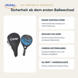 CourtControl Padelschläger: Übersicht von runder Form, EVA-Kern und Griff.