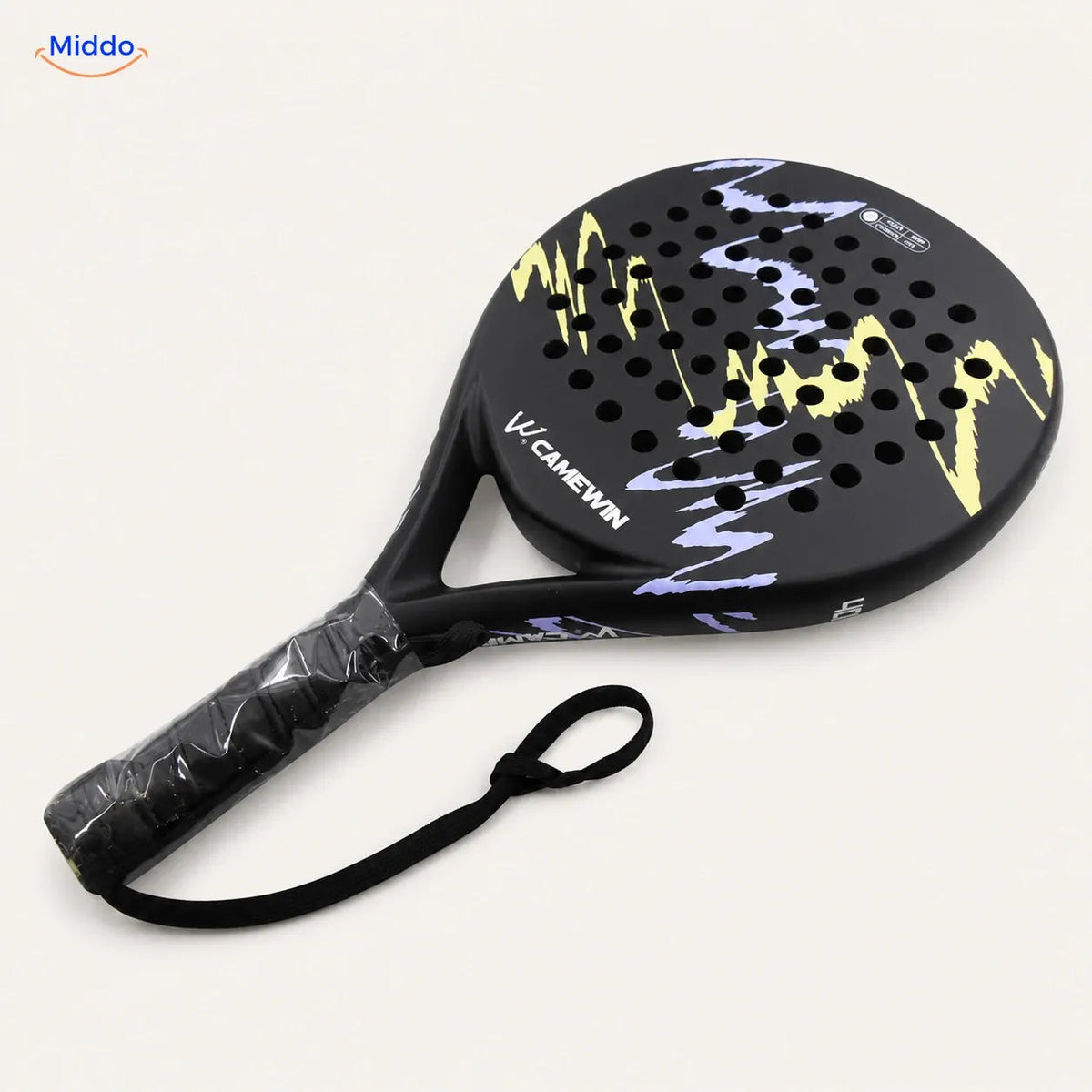 CourtMatch Padelschläger: schwarzes Modell mit gelben und violetten Akzenten.