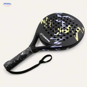 CourtMatch Padelschläger: schwarzes Modell mit gelben und violetten Akzenten.