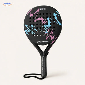 CourtMatch Padelschläger: schwarzes Modell mit rosa und blauen Akzenten.