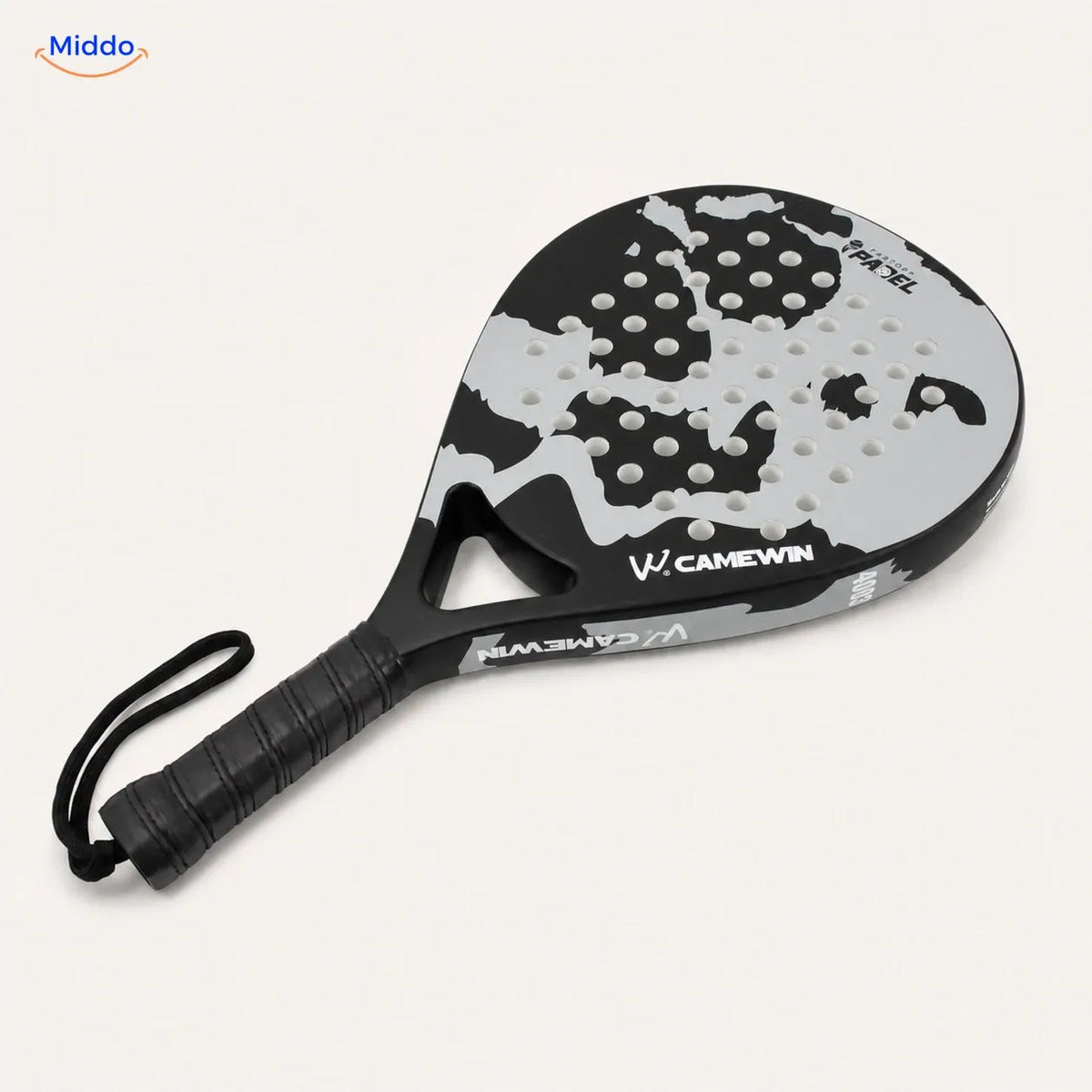 CourtMatch Padelschläger: weißes Modell in Tropfenform mit Handschlaufe.