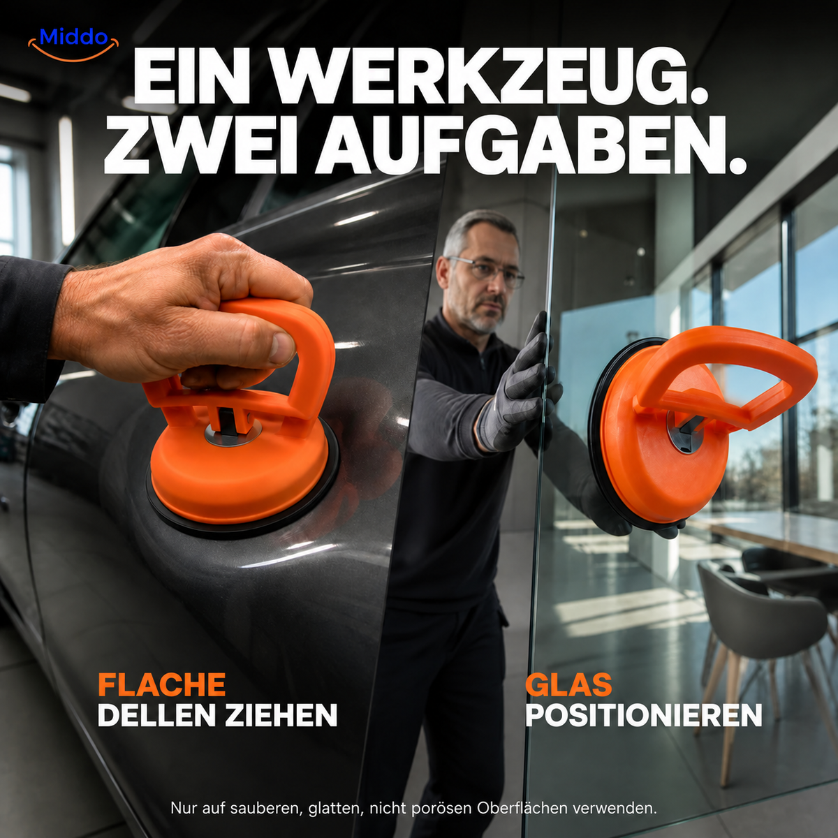 DentGrip verriegelbarer Saugheber: Anwendung an einer Autotür und einer Glasscheibe.