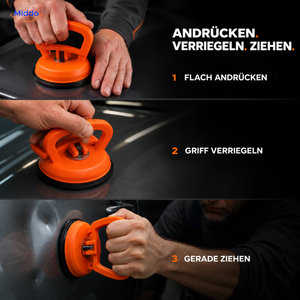 DentGrip verriegelbarer Saugheber: Dreischrittanleitung zum Andrücken, Verriegeln und Ziehen.