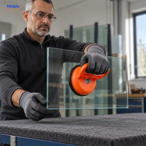 DentGrip verriegelbarer Saugheber: Mann beim Positionieren einer Glasscheibe mit orangefarbenem Saugheber.