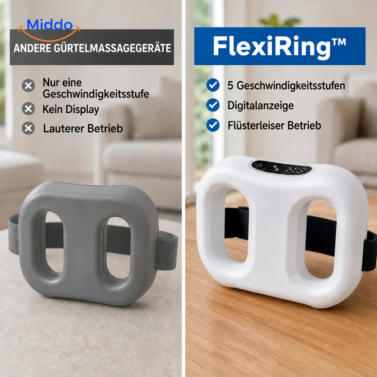 FlexiRing kabelloses Massagegerät: Vergleich des weißen Modells mit einem grauen Massagegerät.