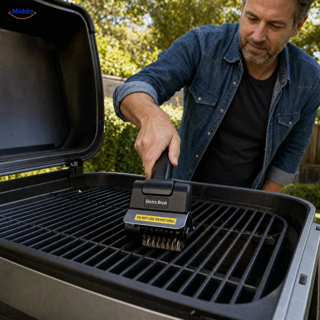 GrillMaster elektrische Grillbürste: Mann beim Reinigen des Rosts eines geöffneten Grills.