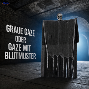 HauntCraft hängender Halloween-Geist: grauer Geist mit langen Gazestreifen in einem dunklen Raum.