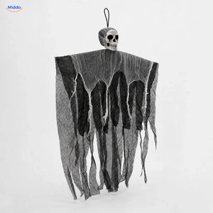 HauntCraft hängender Halloween-Geist: graues Modell mit langen losen Gazestreifen.