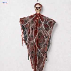 HauntCraft hängender Halloween-Geist: rotes Modell mit Schädel und Gazestreifen.