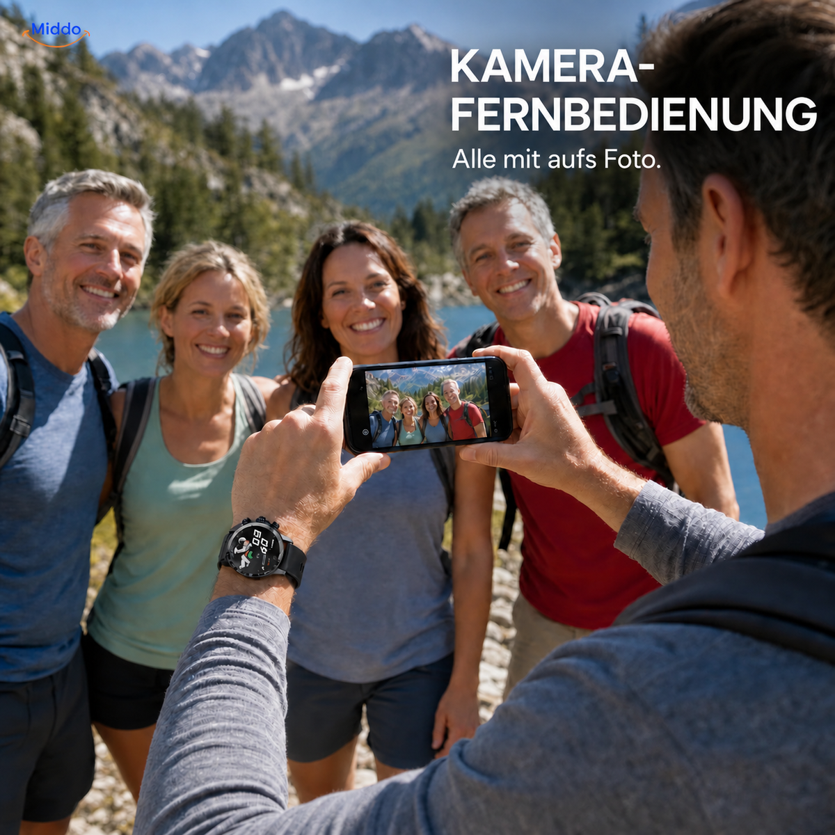 LIGE Smartwatch: Bedienung einer Handykamera für ein Gruppenfoto.
