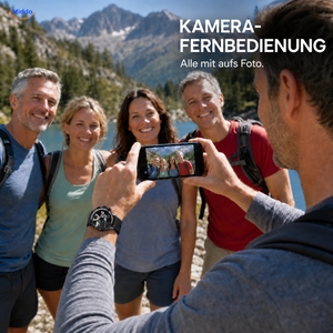 LIGE Smartwatch: Bedienung einer Handykamera für ein Gruppenfoto.