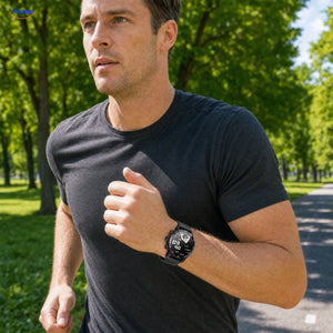 LIGE Smartwatch: Mann mit schwarzer Uhr beim Joggen.