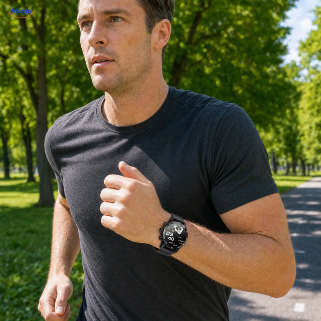 LIGE Smartwatch: Mann mit schwarzer Uhr beim Joggen.