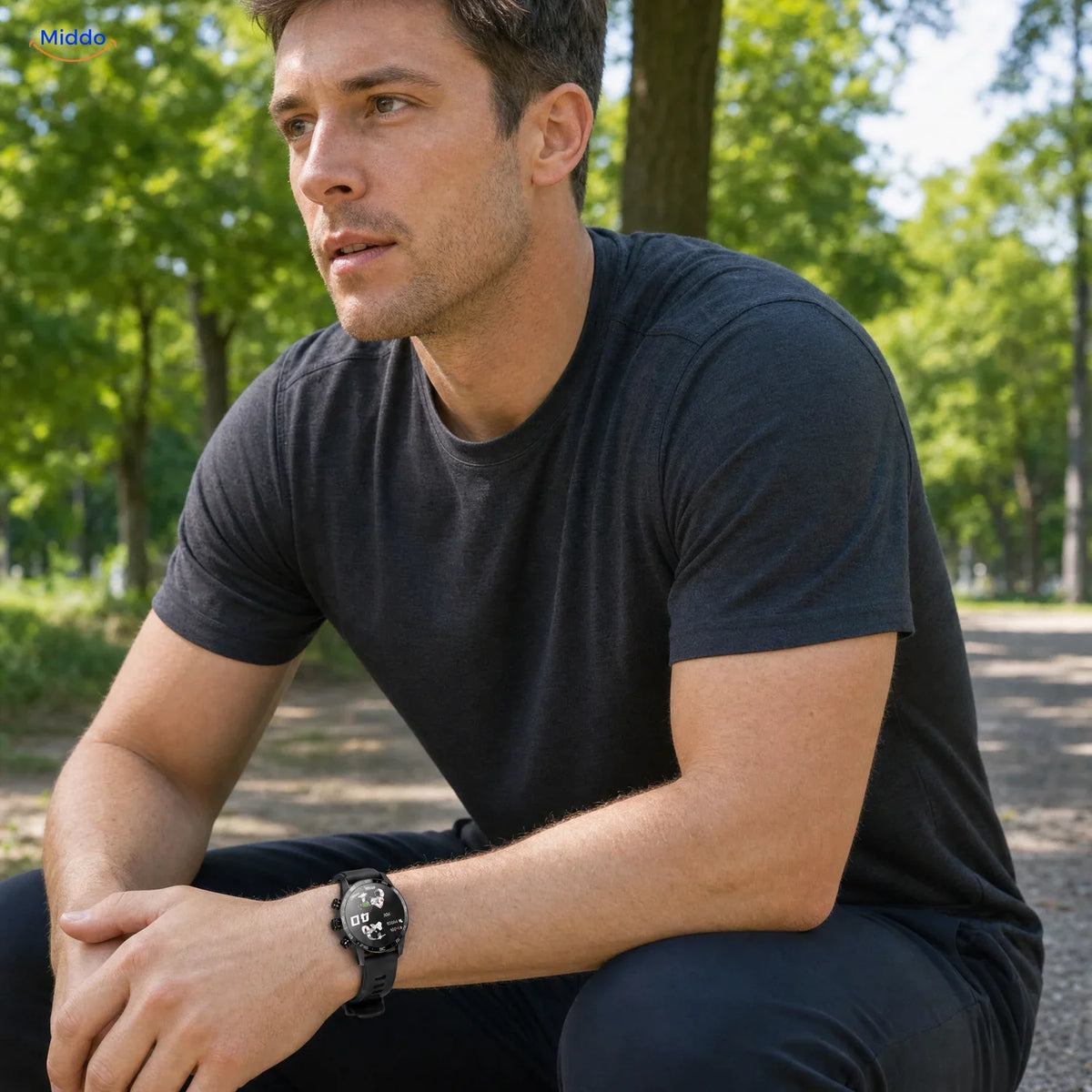 LIGE Smartwatch: Mann mit Uhr bei einer Pause im Freien.