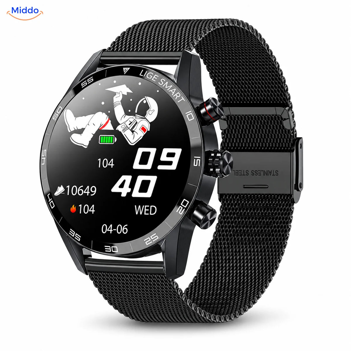 LIGE Smartwatch: schwarzes Modell mit Metall-Mesharmband.