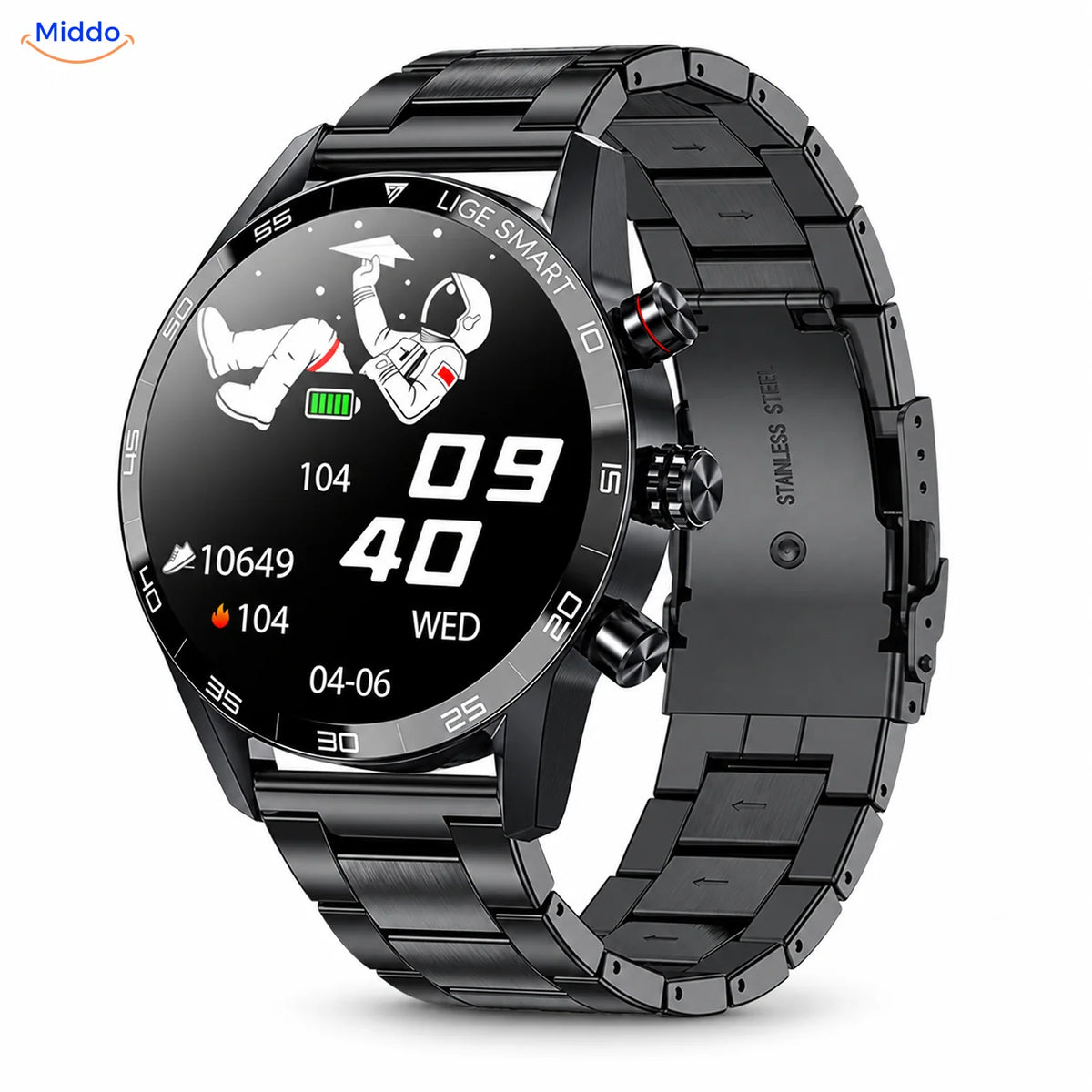 LIGE Smartwatch: schwarzes Modell mit Stahlgliederarmband.