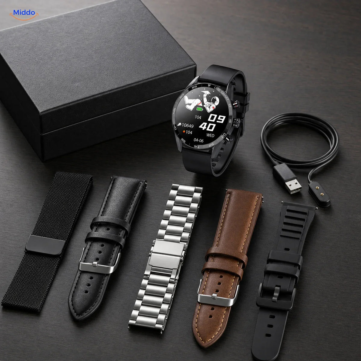 LIGE Smartwatch: Uhr mit fünf Armbandstilen, Ladekabel und Verpackung.