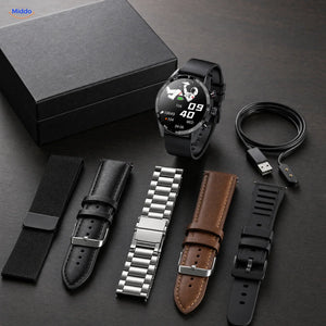 LIGE Smartwatch: Uhr mit fünf Armbandstilen, Ladekabel und Verpackung.
