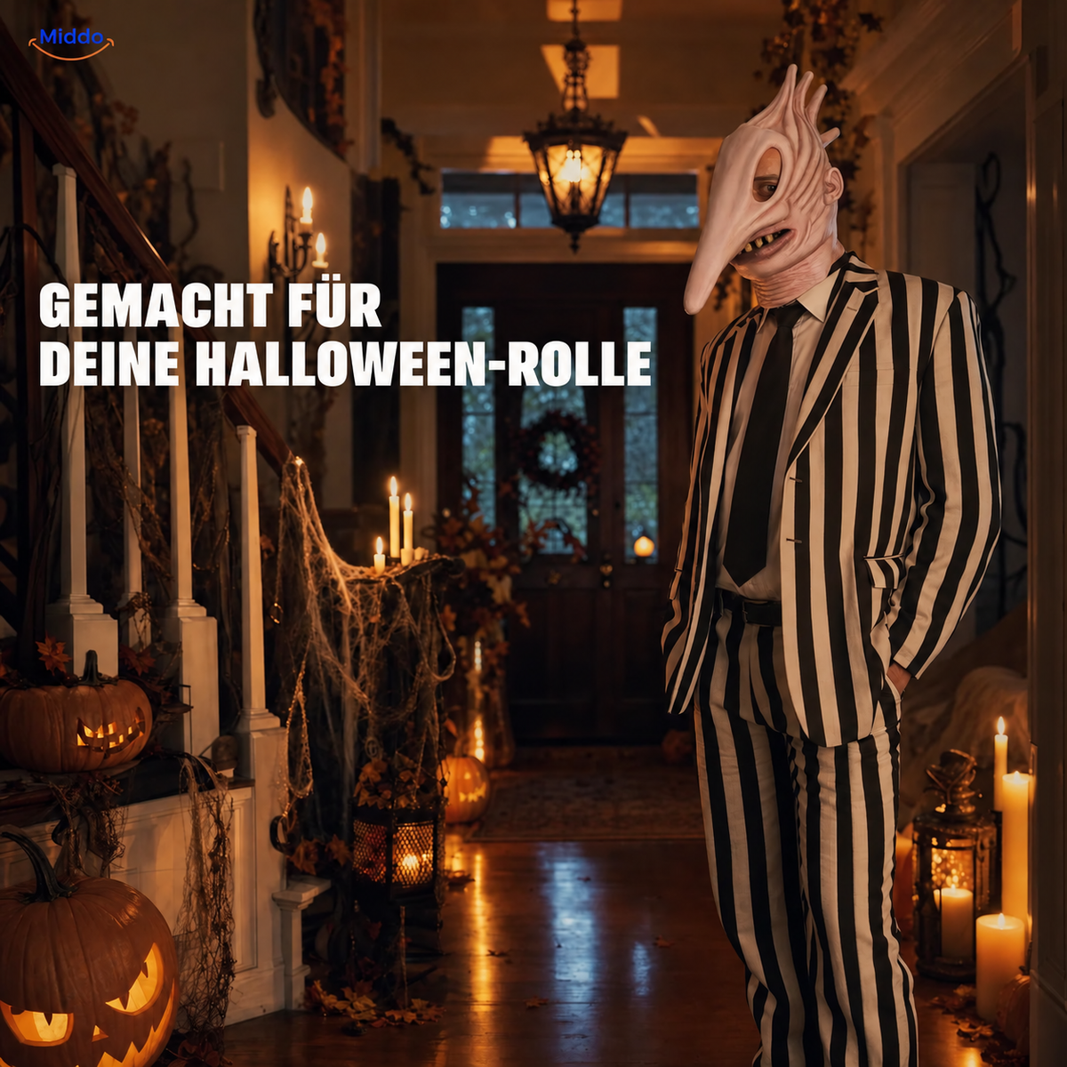 MaitlandMorph Halloween-Maske aus Latex: Mann mit Maske und gestreiftem Halloween-Kostüm.