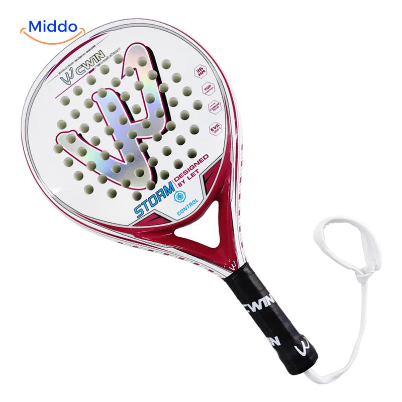 PadelPro Padelschläger: rot-weißer Schläger mit Handschlaufe vor weißem Hintergrund.