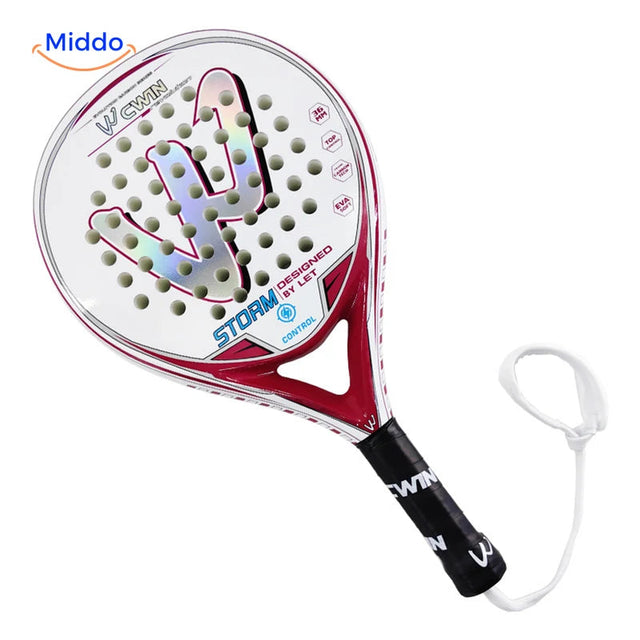PadelPro Padelschläger: rot-weißer Schläger mit Handschlaufe vor weißem Hintergrund.