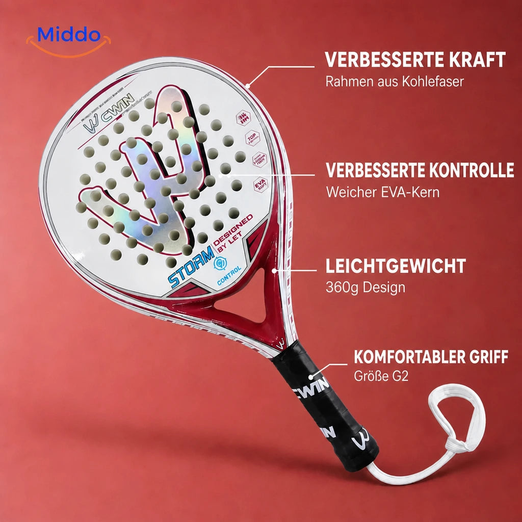 PadelPro Padelschläger: Übersicht von Rahmen, Schlagfläche und Griff.