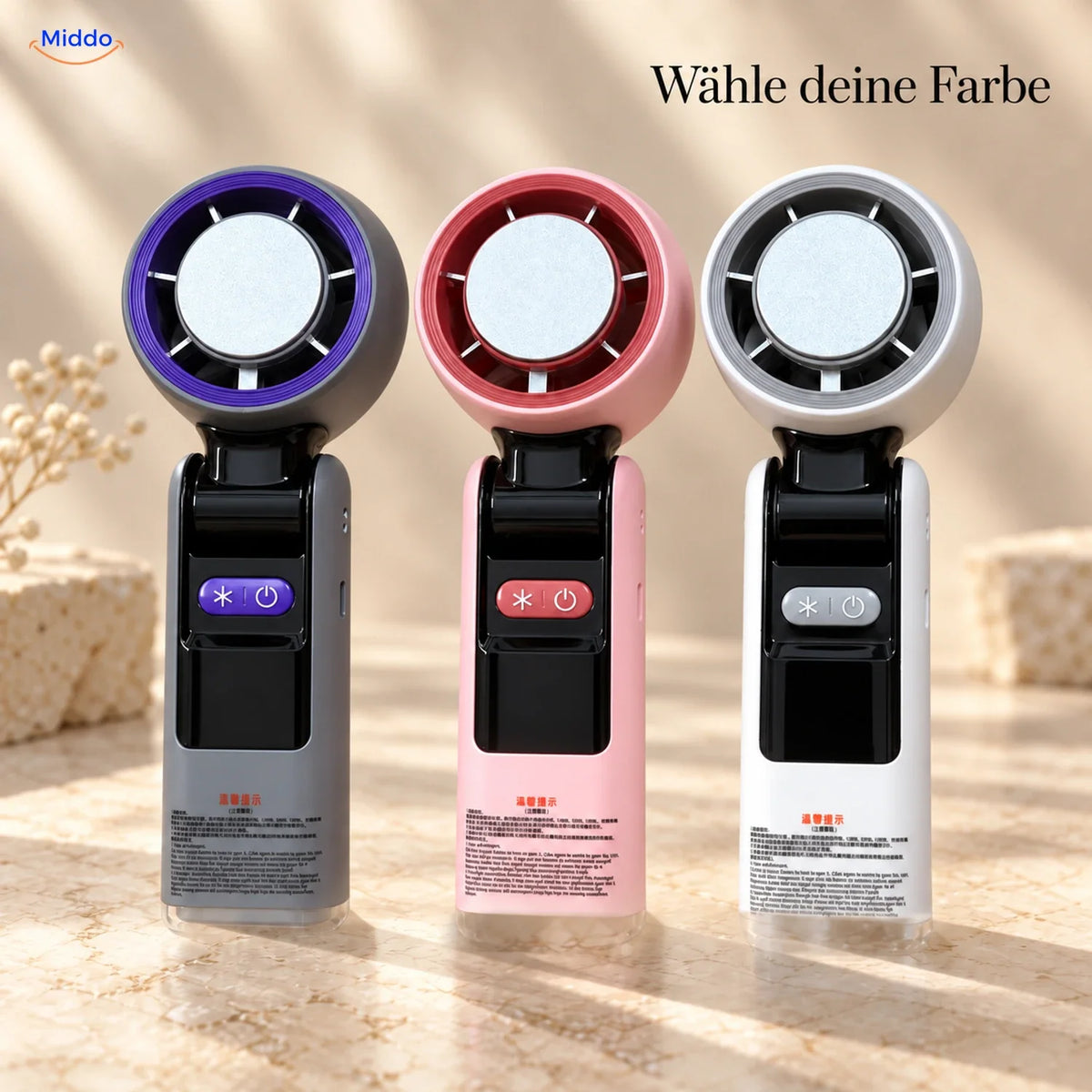 Palmora faltbarer Handventilator: Vergleich der Modelle in Grau, Rosa und Weiß.