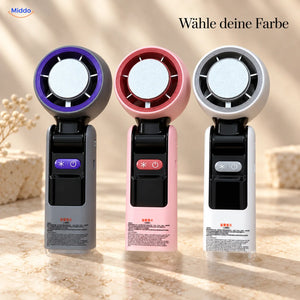 Palmora faltbarer Handventilator: Vergleich der Modelle in Grau, Rosa und Weiß.