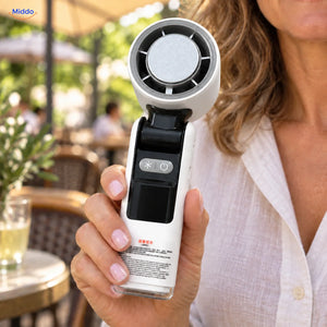 Palmora faltbarer Handventilator: weißes Modell mit schwarzem Griff in einer Hand.