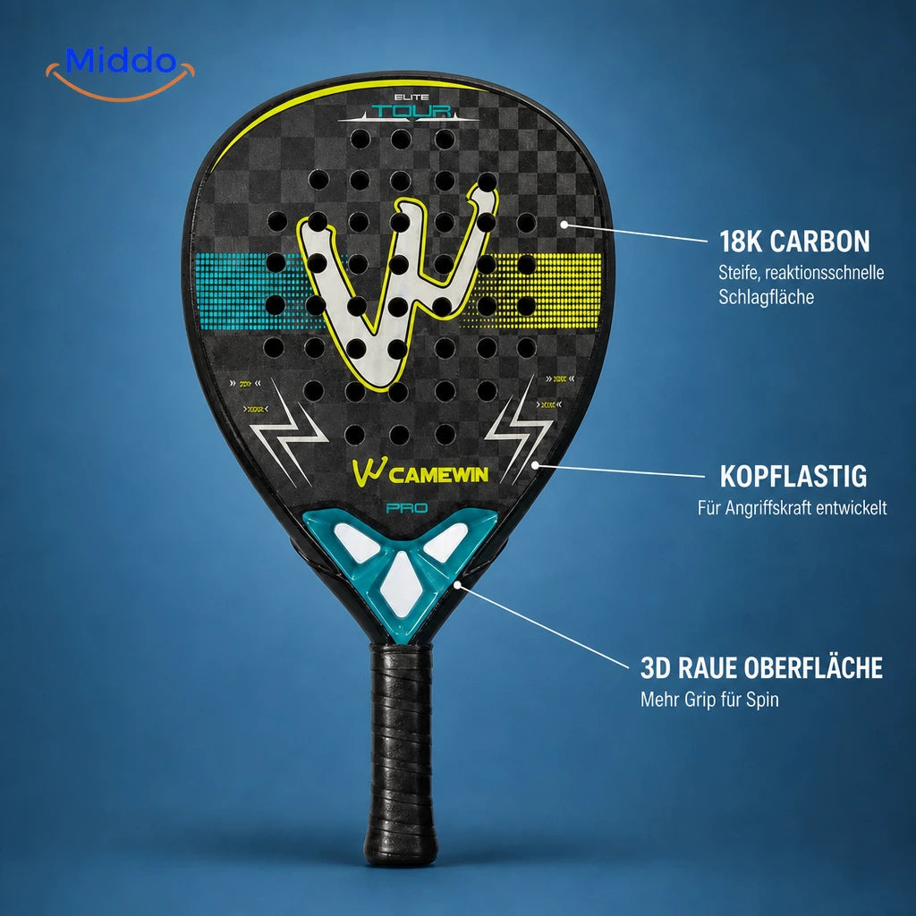 ProStrike Padelschläger: Detailübersicht von Carbon-Schlagfläche und Struktur.