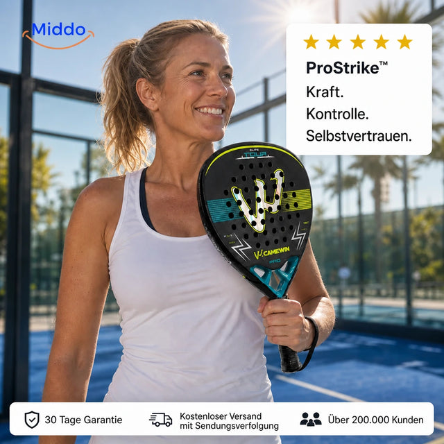 ProStrike Padelschläger: Spielerin mit schwarzem Schläger und türkisfarbenen Akzenten.