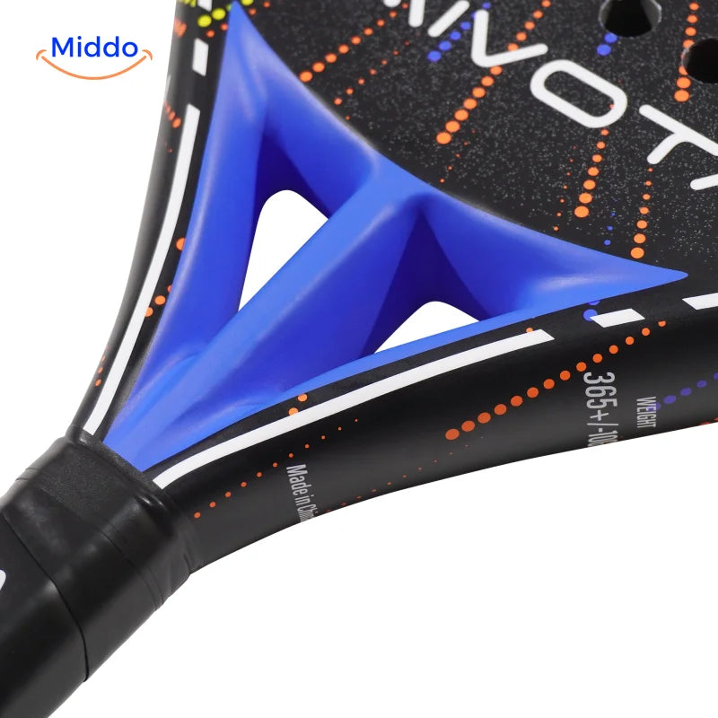 SpinDrive Padelschläger: Detail der blauen Schlägerbrücke und des Rahmens.