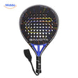 SpinDrive Padelschläger: schwarz-blaues Modell von vorn mit Handschlaufe.