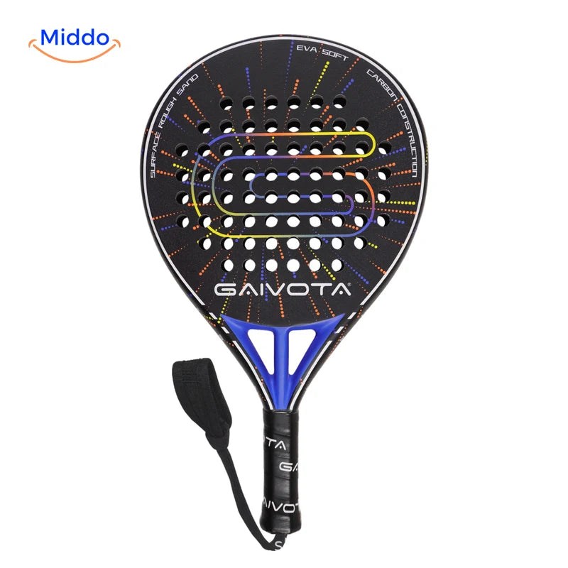 SpinDrive Padelschläger: schwarz-blaues Modell von vorn mit Handschlaufe.