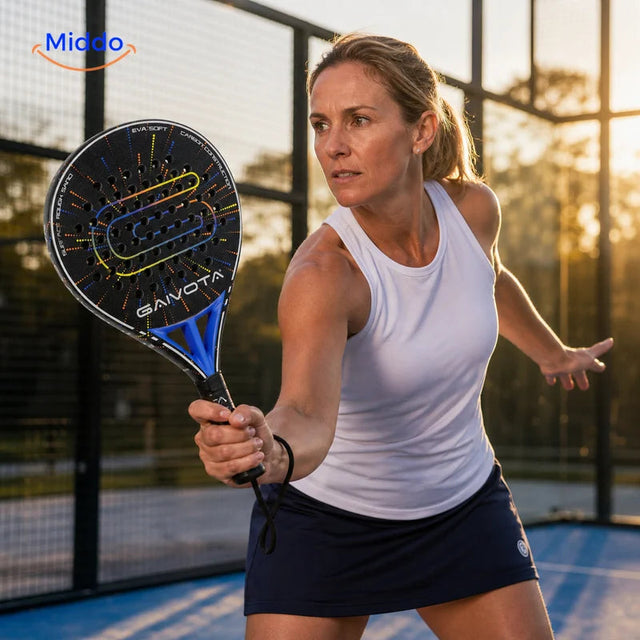 SpinDrive Padelschläger: Spielerin in Spielhaltung mit schwarz-blauem Schläger.