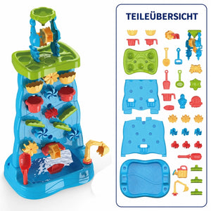 SplashPlay Wasser- und Sandspielzeug: blau-grüner Wasserturm mit Teileübersicht.