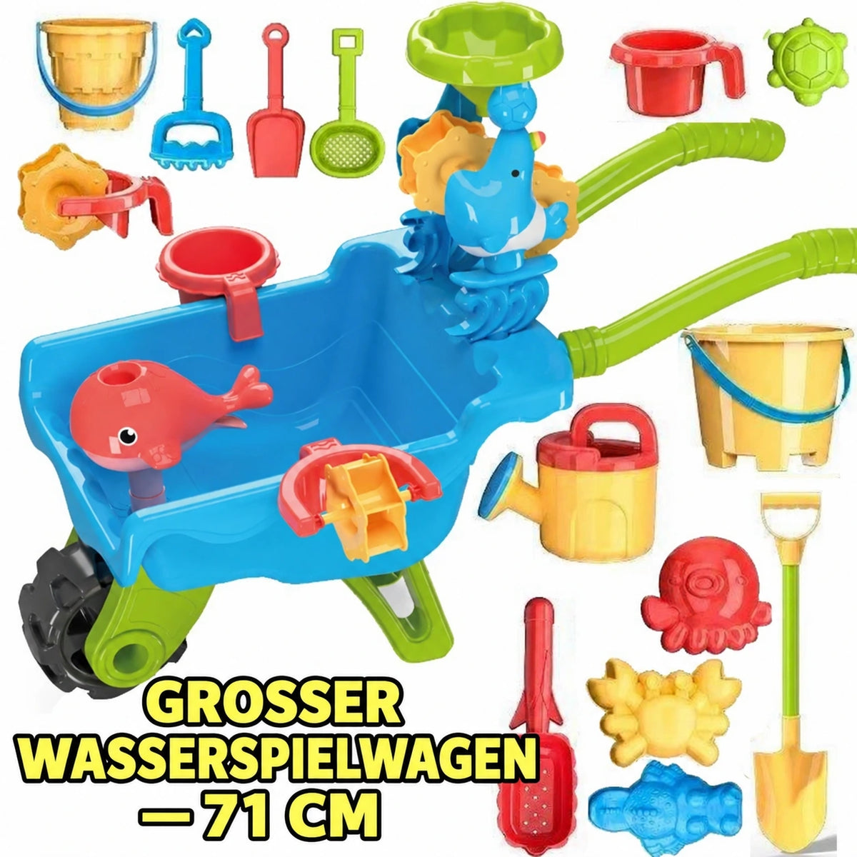 SplashPlay Wasser- und Sandspielzeug: blauer Spielwagen mit grünen Rädern und Zubehör.
