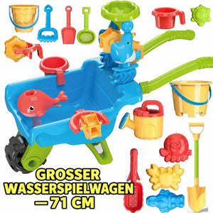 SplashPlay Wasser- und Sandspielzeug: blauer Spielwagen mit grünen Rädern und Zubehör.
