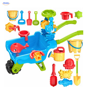 SplashPlay Wasser- und Sandspielzeug: blauer Spielwagen mit Schaufeln, Eimer und Sandformen.