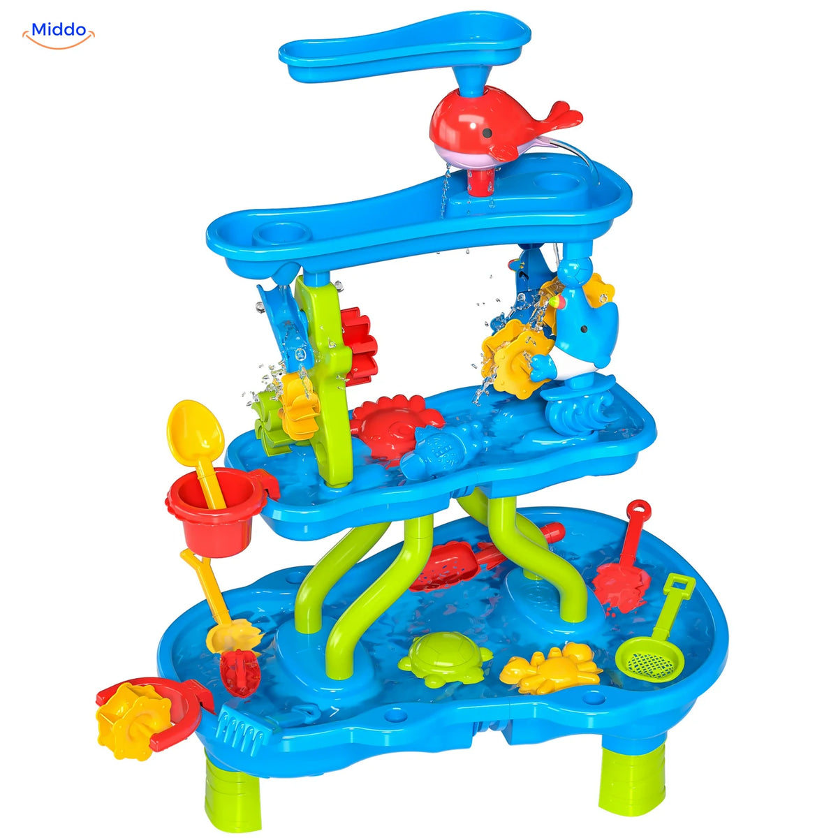 SplashPlay Wasser- und Sandspielzeug: blauer Wassertisch mit drei Ebenen und rotem Wal.