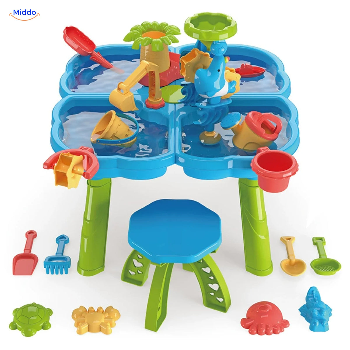 SplashPlay Wasser- und Sandspielzeug: blauer Wassertisch mit vier Spielbereichen und Hocker.