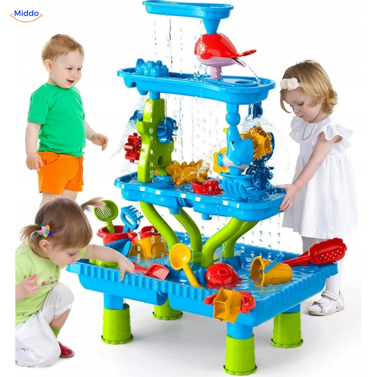 SplashPlay Wasser- und Sandspielzeug: Kinder beim gemeinsamen Spielen an einem Wassertisch.