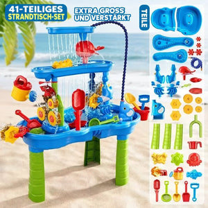 SplashPlay Wasser- und Sandspielzeug: rechteckiger Spieltisch mit Zubehörübersicht.