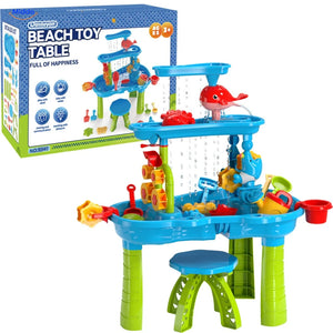SplashPlay Wasser- und Sandspielzeug: rechteckiger Wassertisch mit Hocker und Verpackung.