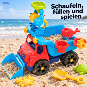 SplashPlay Wasser- und Sandspielzeug: roter Kipplaster mit Sandzubehör am Strand.