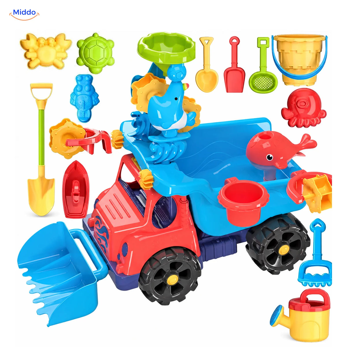 SplashPlay Wasser- und Sandspielzeug: roter Kipplaster mit Schaufeln, Eimer und Sandformen.