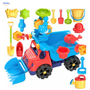 SplashPlay Wasser- und Sandspielzeug: roter Kipplaster mit Schaufeln, Eimer und Sandformen.