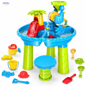 SplashPlay Wasser- und Sandspielzeug: runder blauer Tisch mit Vulkan, Zubehör und Hocker.