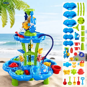 SplashPlay Wasser- und Sandspielzeug: runder Tisch mit Wasserschlauch und Einzelteilen.