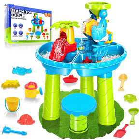 SplashPlay Wasser- und Sandspielzeug: rundes Spielset mit Hocker, Zubehör und Verpackung.